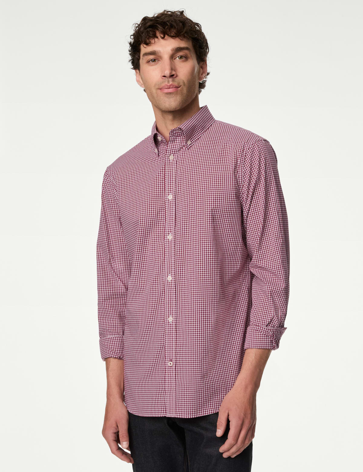 

Marks & Spencer Easy Iron Cotton Stretch Gingham Oxford Shirt (MALE, WINE, X-REG)