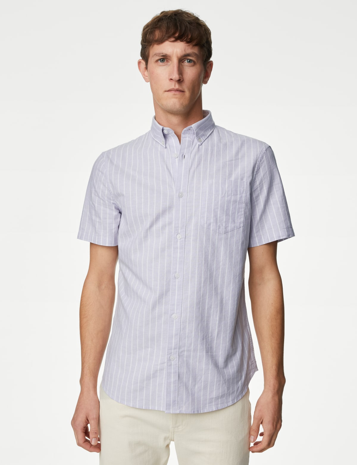 

Marks & Spencer Pure Cotton Striped Oxford Shirt (MALE, LILAC MIX, X)