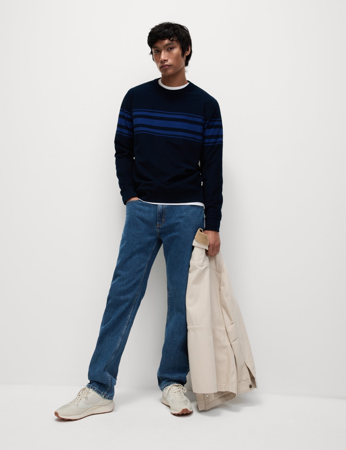 

Marks & Spencer Cotton Rich Waffle Striped Sweatshirt (MALE, DARK NAVY MIX, S-REG)