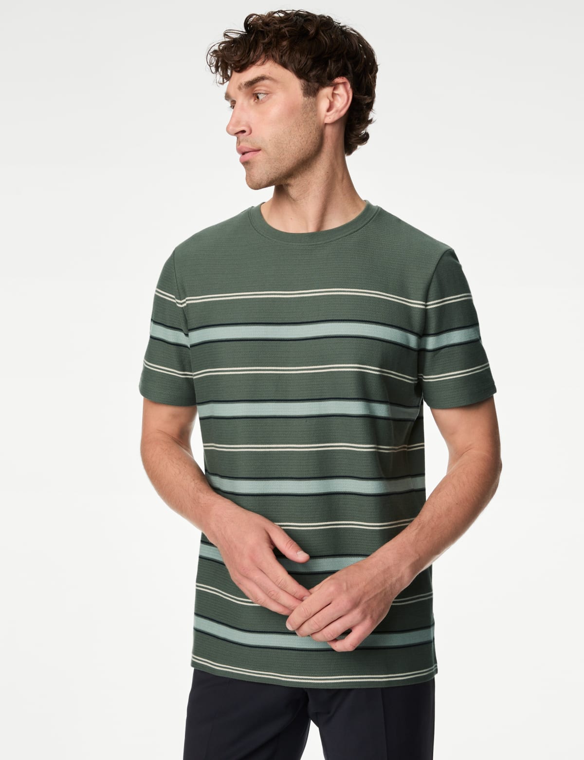 

Marks & Spencer Pure Cotton Herringbone Striped T-shirt (MALE, GREEN MIX, L-REG)