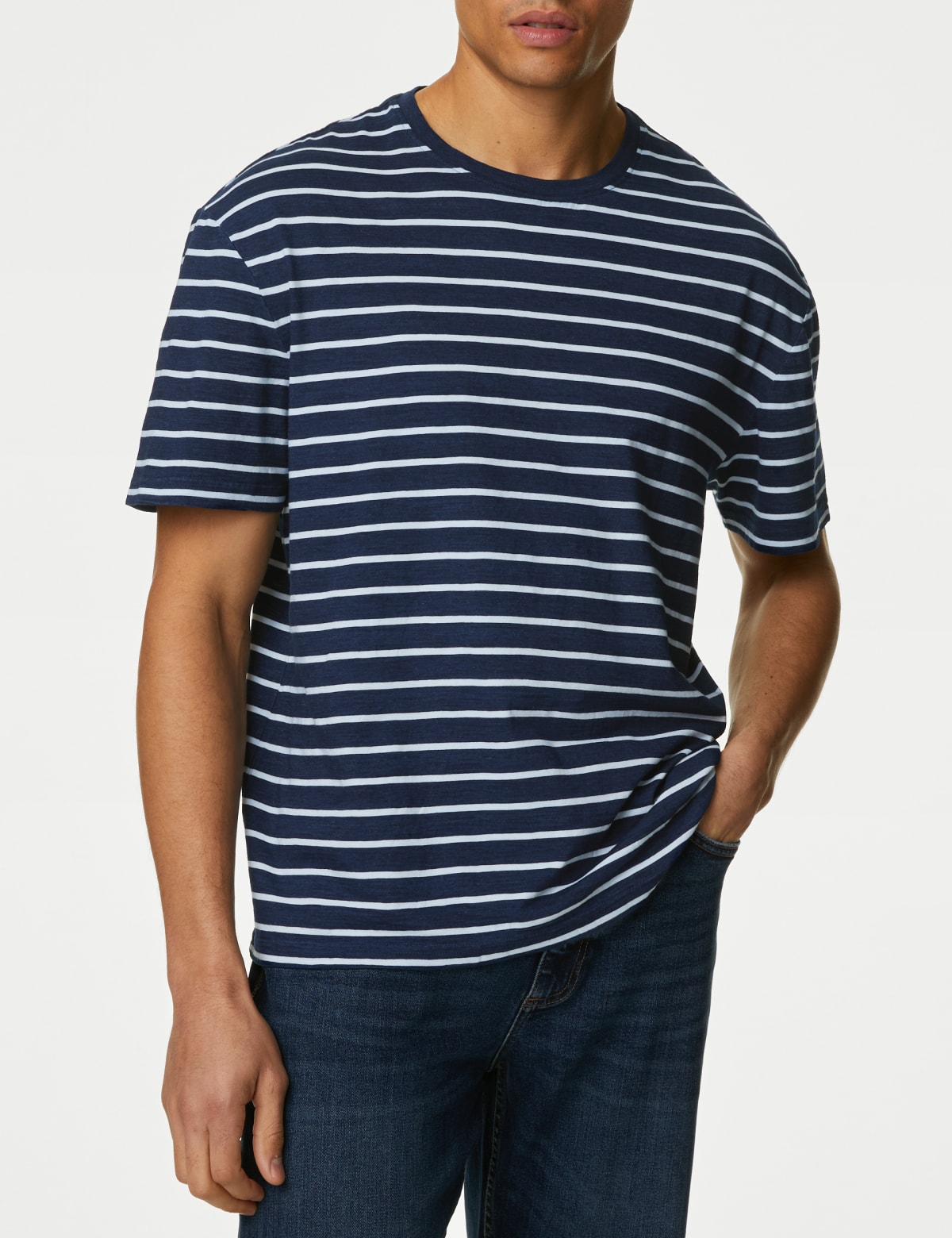 

Marks & Spencer Pure Cotton Striped T-Shirt (MALE, DARK INDIGO, XXL-REG)