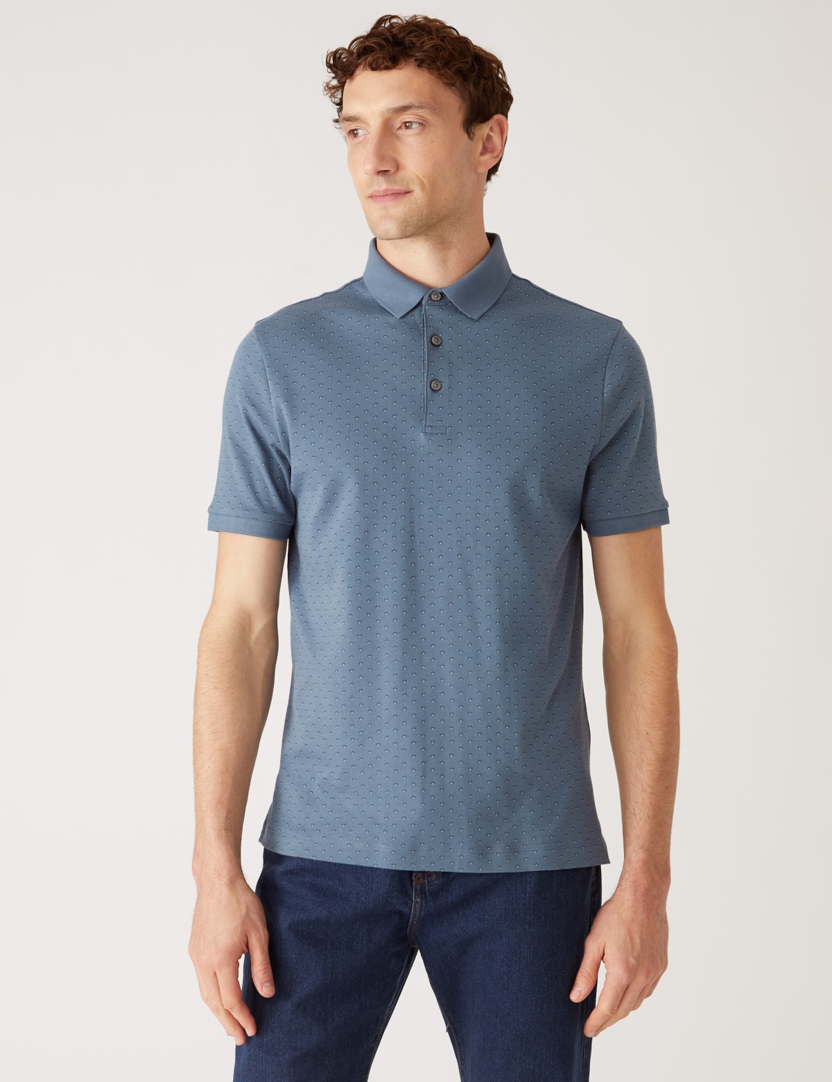 

Marks & Spencer Pure Cotton Geo Print Polo Shirt (MALE, AIR FORCE BLUE, M-REG)