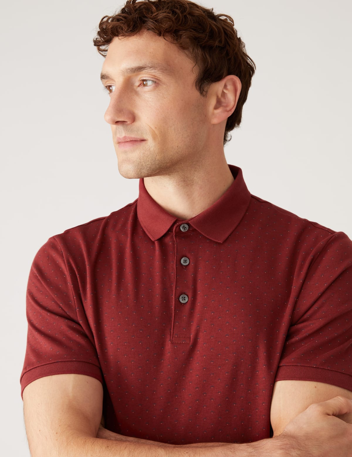 

Marks & Spencer Pure Cotton Geo Print Polo Shirt (MALE, DARK CORAL, S-REG)