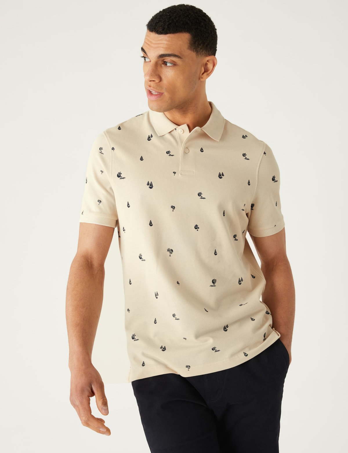 

Marks & Spencer Pure Cotton Palm Print Polo Shirt (MALE, ECRU, XL-REG)