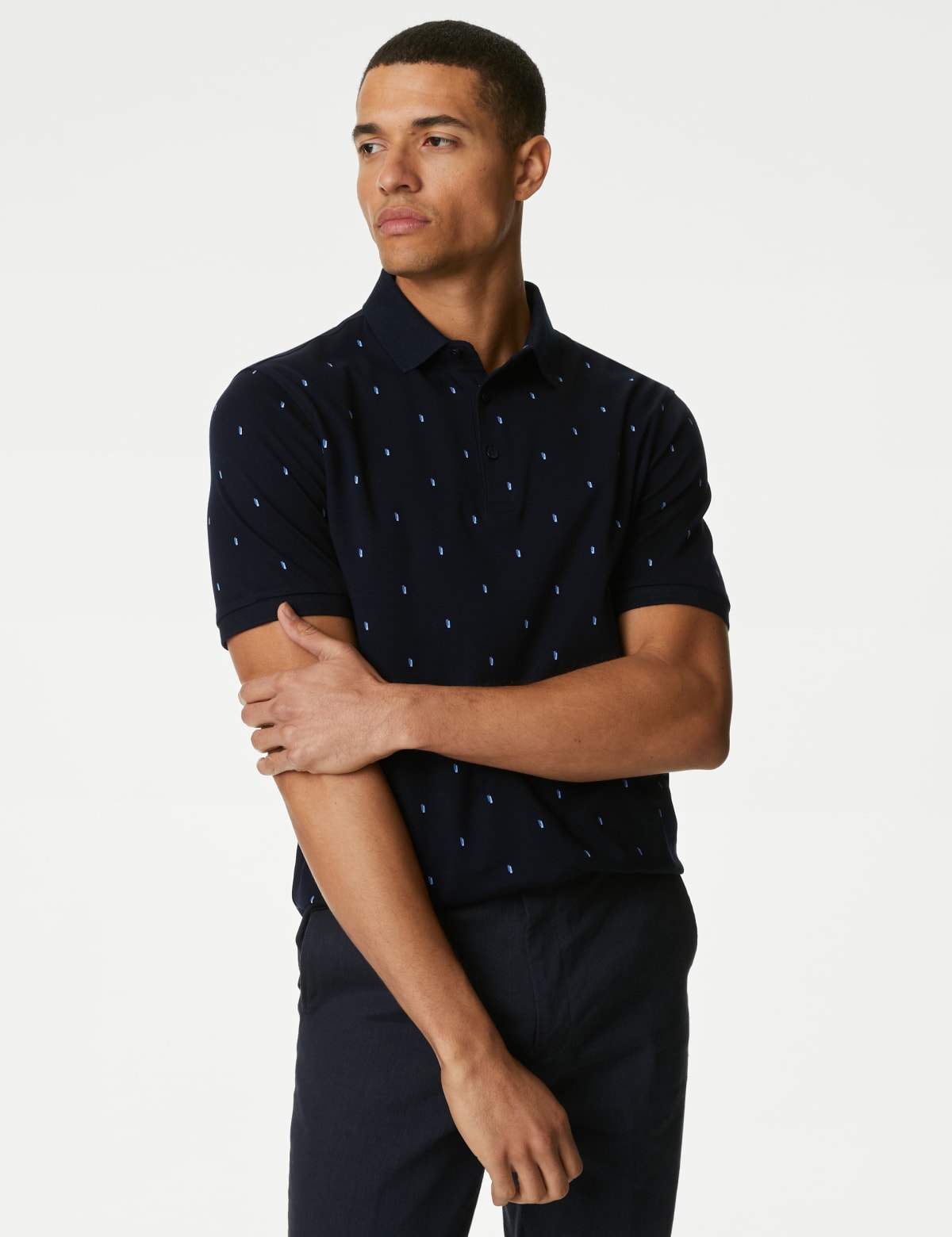 

Marks & Spencer Pure Cotton Geometric Print Polo Shirt (MALE, DARK NAVY, XL-REG)