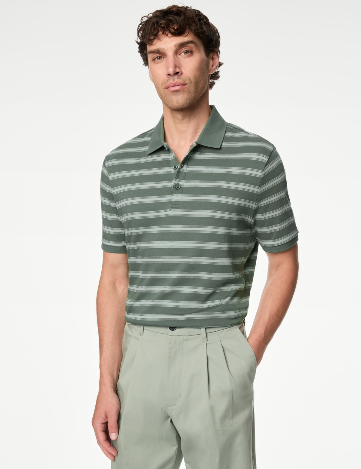 

Marks & Spencer Pure Cotton Striped Polo Shirt (MALE, GREEN MIX, M-REG)