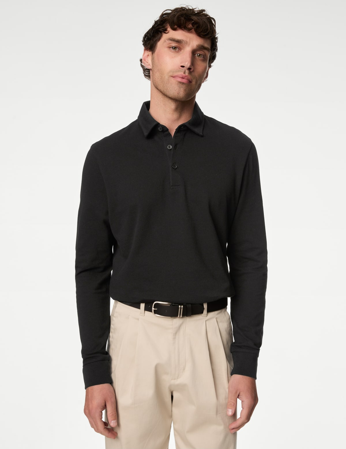 

Marks & Spencer Pure Cotton Long Sleeve Polo Shirt (MALE, BLACK, S-REG)