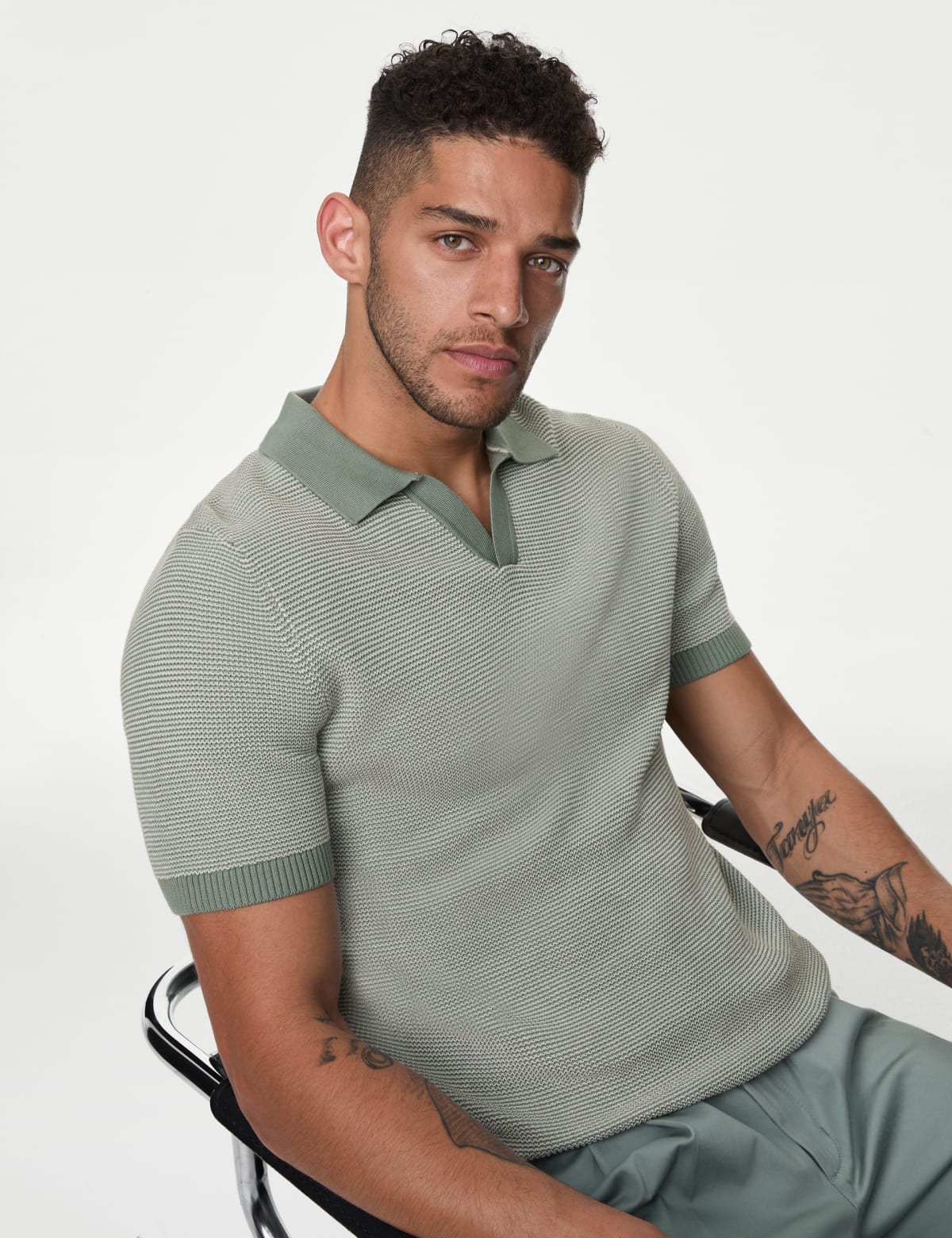 

Marks & Spencer Cotton Rich Open Neck Knitted Polo Shirt (MALE, SOFT GREEN, S-REG)
