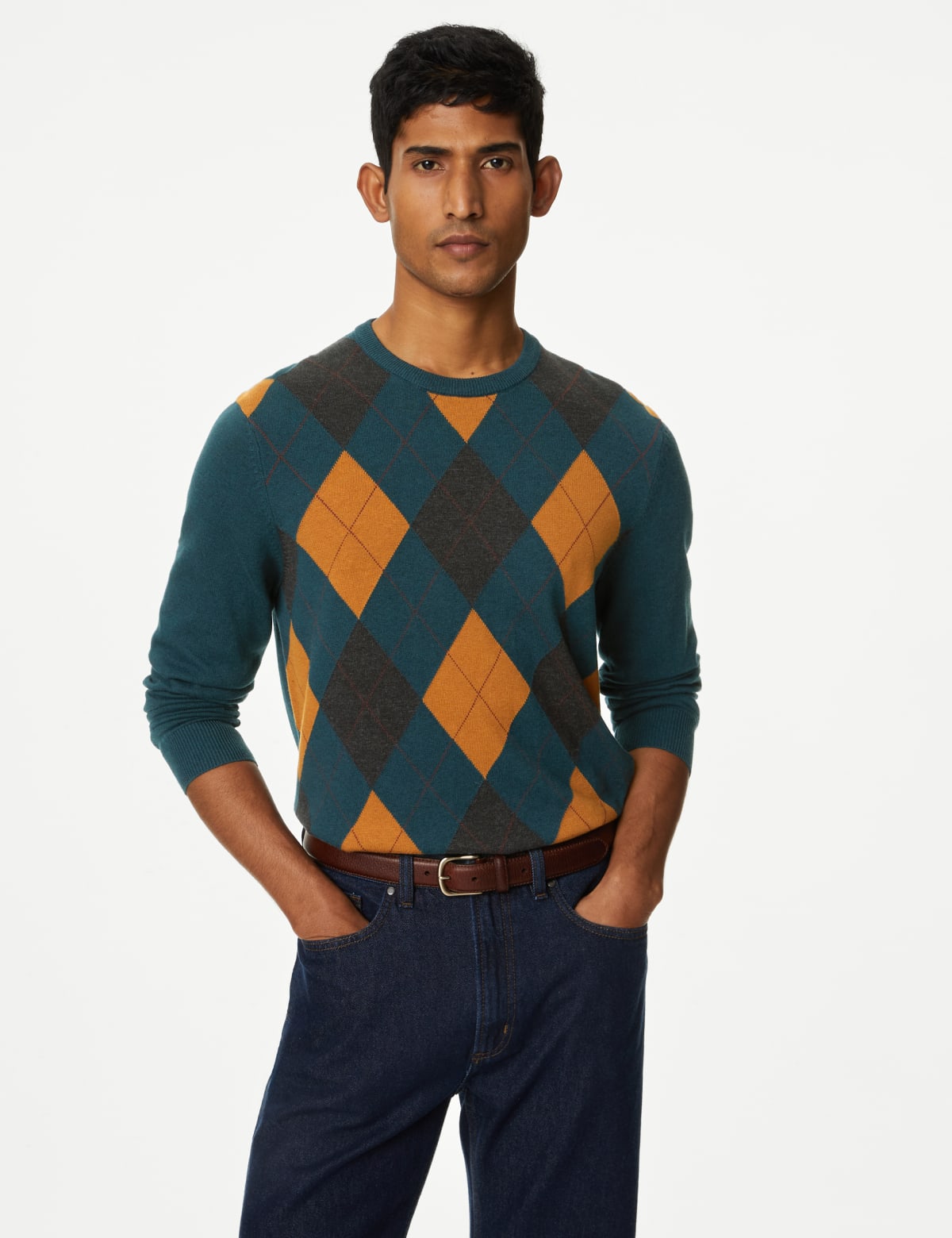 

Marks & Spencer Pure Cotton Argyle Round Neck Jumper (MALE, TEAL MIX, S-REG)