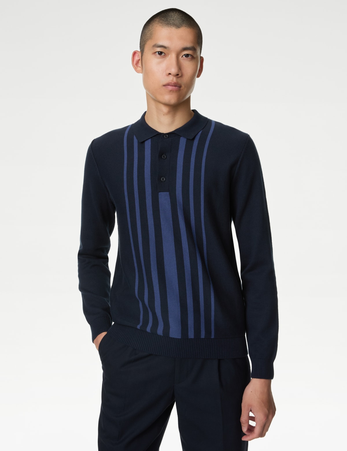 

Marks & Spencer Pure Cotton Striped Knitted Polo Shirt (MALE, NAVY, L-REG)