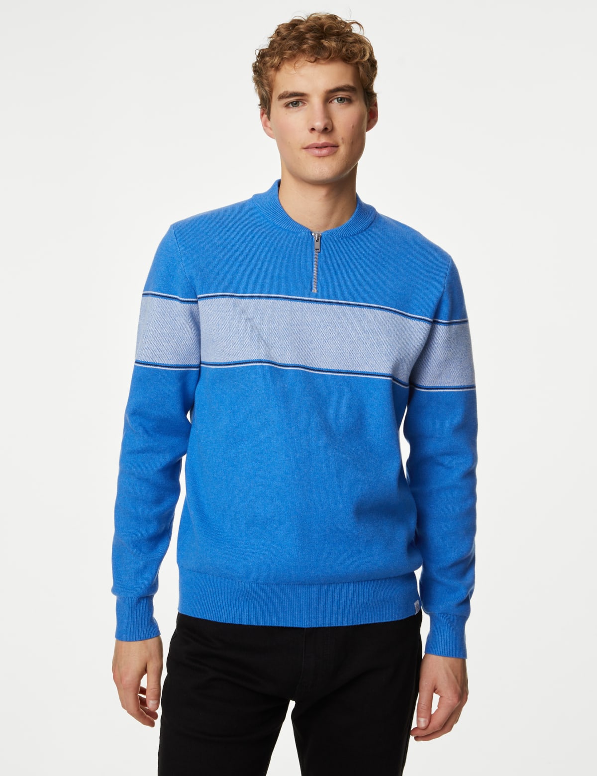 

Marks & Spencer Cotton Blend Block Stripe Zip Up Jumper (MALE, OCEAN, XXL-REG)