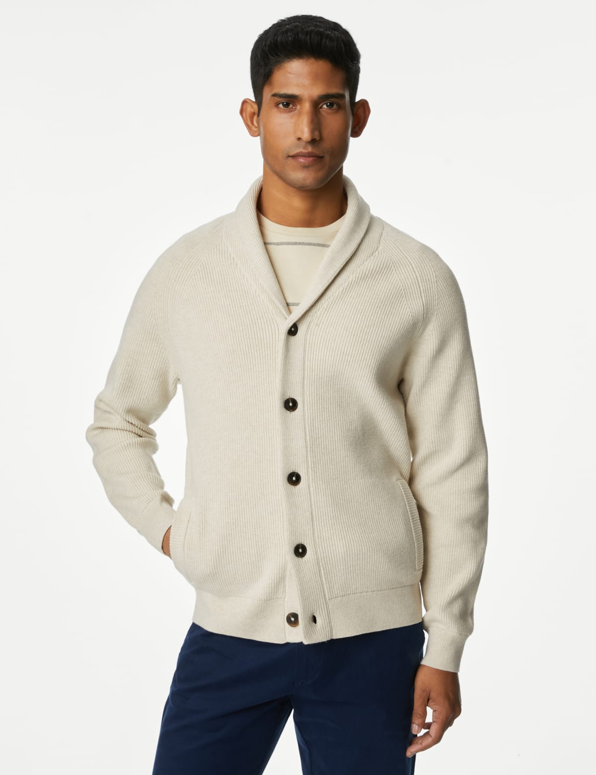 

Marks & Spencer Cotton Blend Ribbed Shawl Collar Cardigan (MALE, ECRU, S-REG)