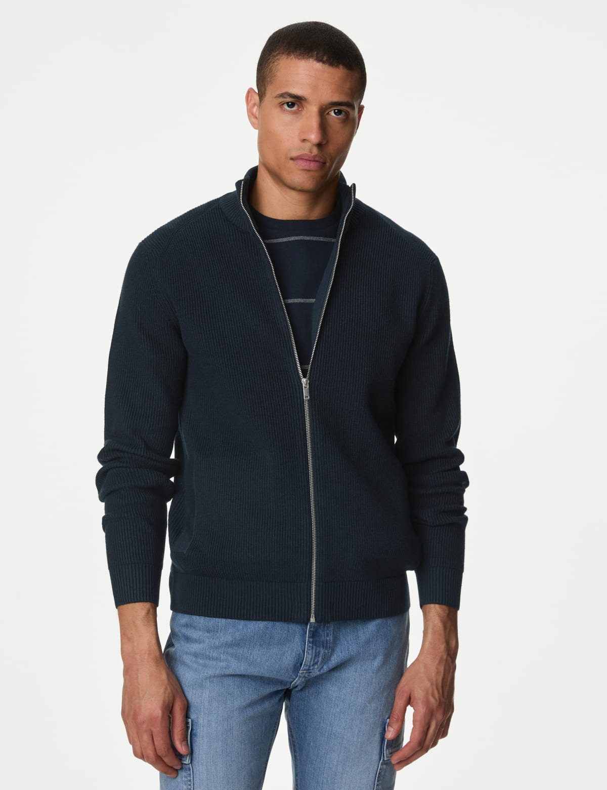 

Marks & Spencer Cotton Blend Funnel Neck Zip Up Jumper (MALE, DARK NAVY, XL-REG)