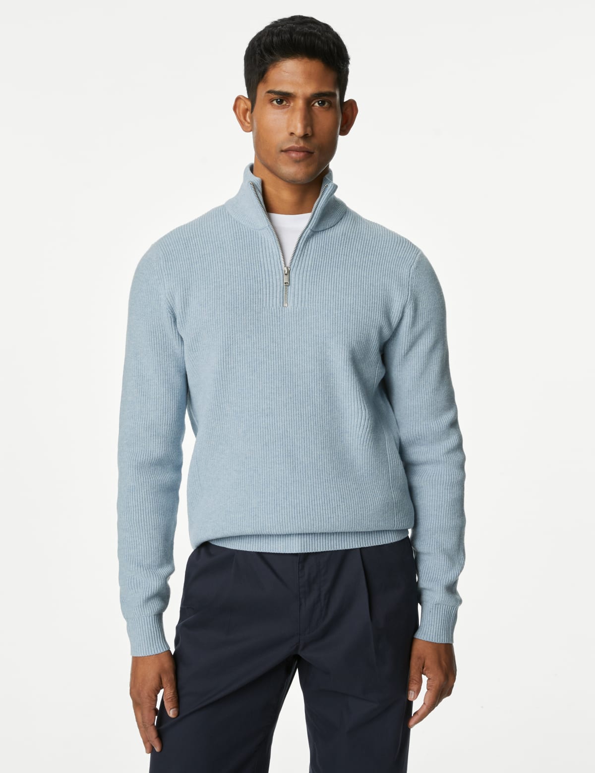 

Marks & Spencer Cotton Blend Ribbed Funnel Neck Jumper (MALE, PALE BLUE, XXL-REG)