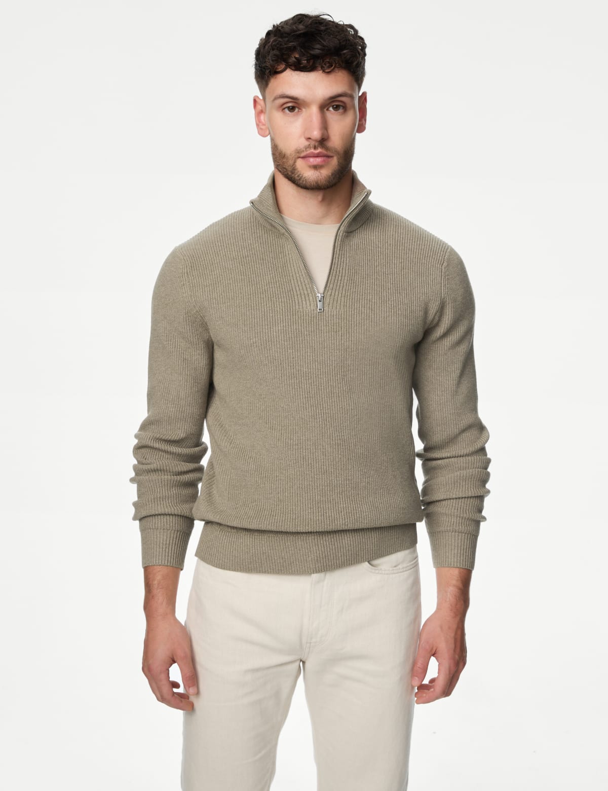 

Marks & Spencer Cotton Blend Ribbed Funnel Neck Jumper (MALE, SAND, XL-REG)