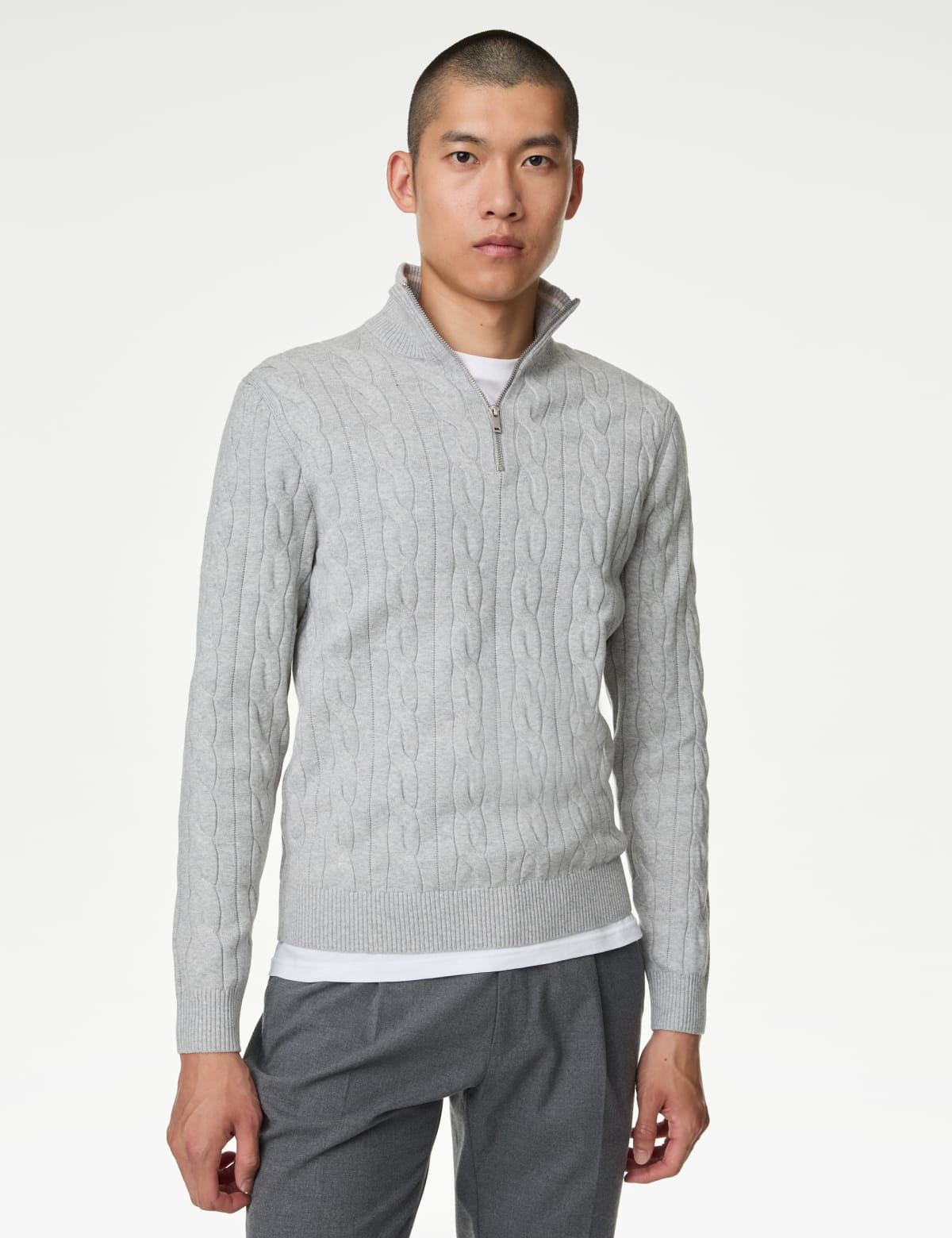 

Marks & Spencer Cotton Blend Cable Funnel Neck Jumper (MALE, GREY MARL, S-REG)