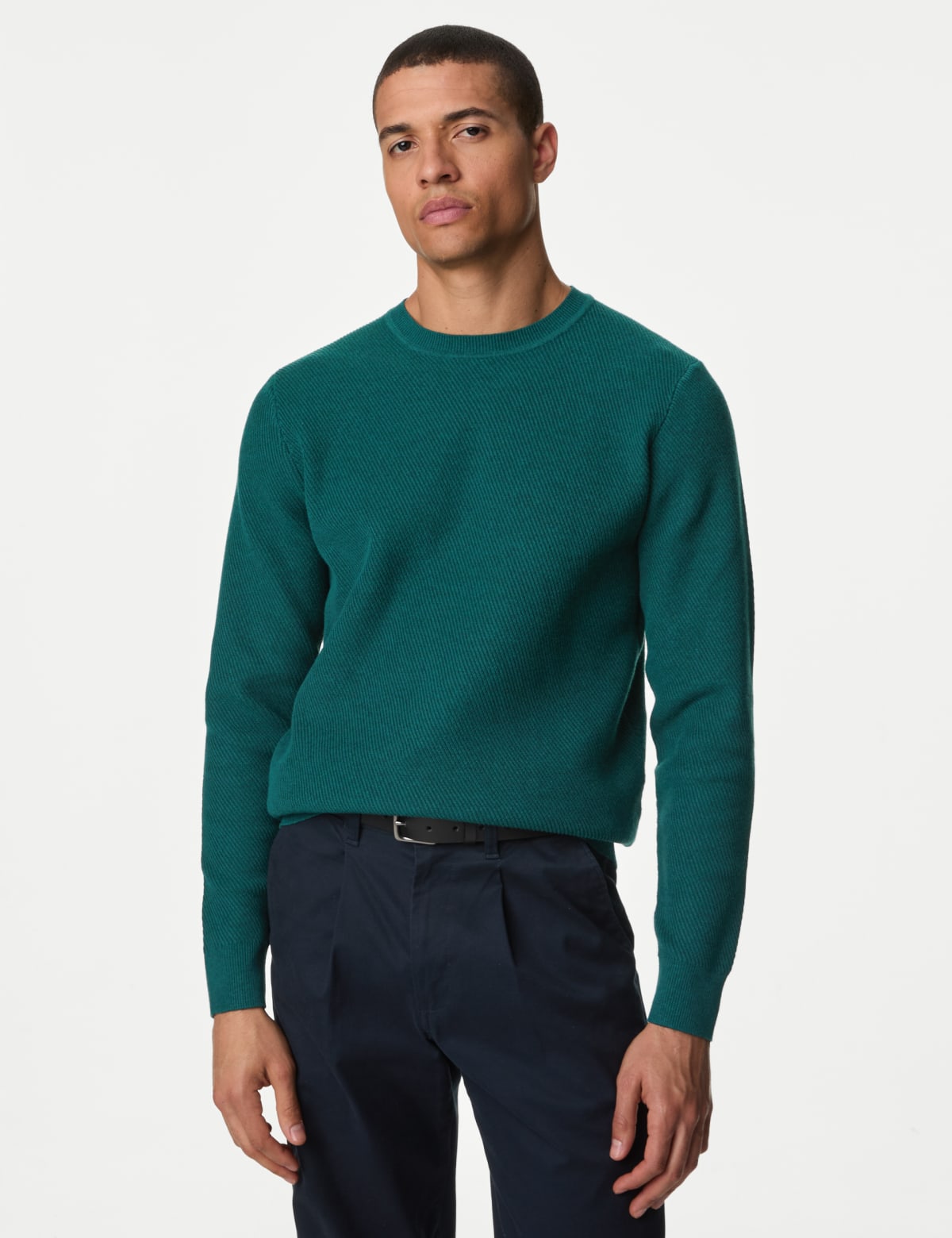 

Marks & Spencer Cotton Blend Textured Crew Neck Jumper (MALE, EVERGREEN, S-REG)