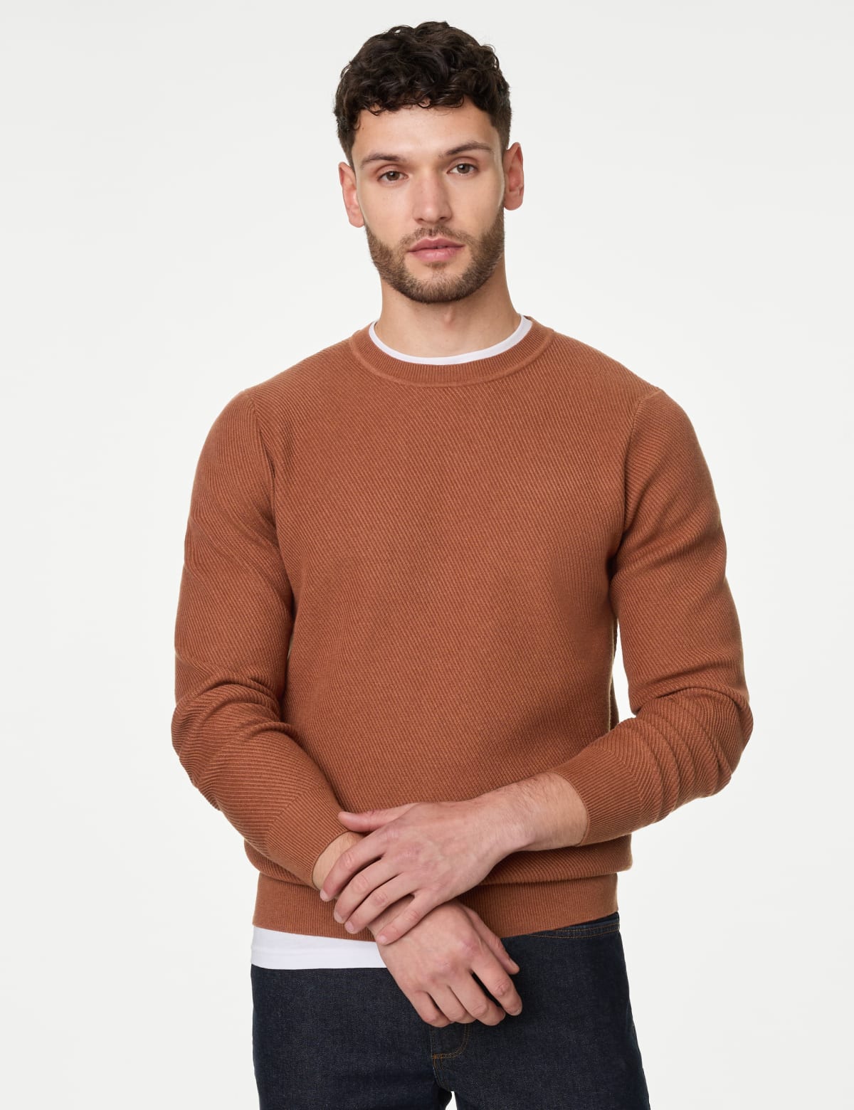 

Marks & Spencer Cotton Blend Textured Crew Neck Jumper (MALE, BURNT ORANGE, L-REG)