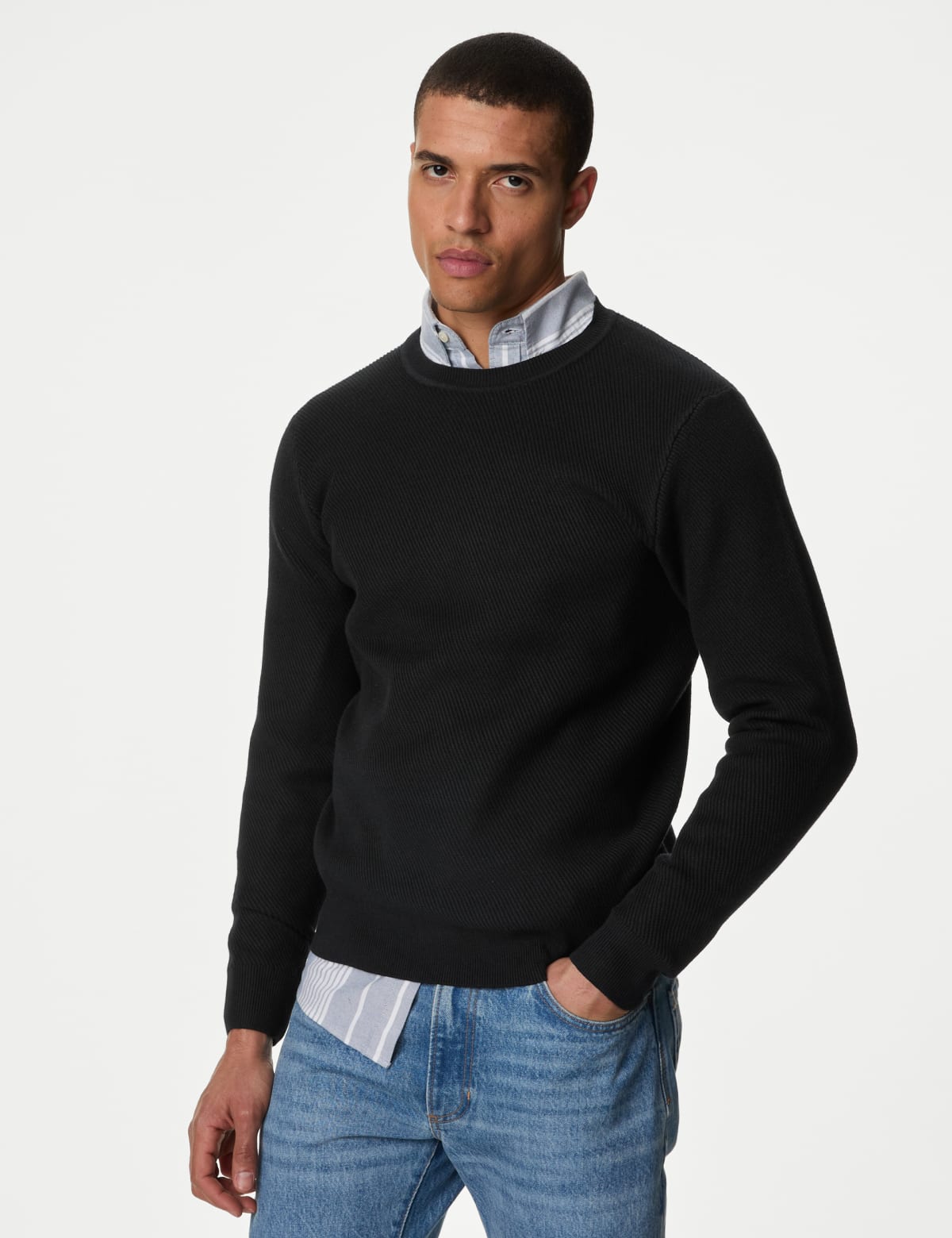 

Marks & Spencer Cotton Blend Textured Crew Neck Jumper (MALE, BLACK, L-REG)