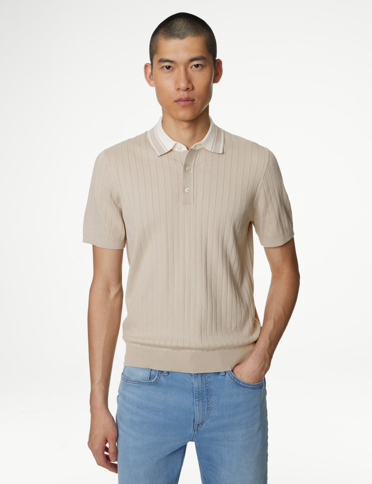 

Marks & Spencer Cotton Rich Ribbed Knitted Polo Shirt (MALE, NEUTRAL, S-REG)