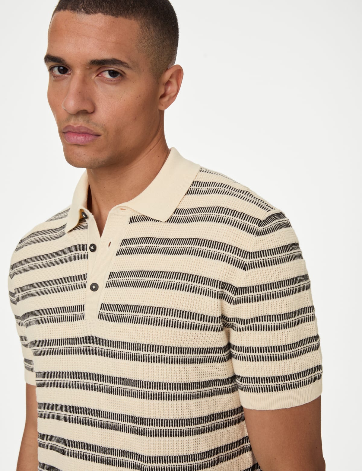 

Marks & Spencer Pure Cotton Textured Striped Knitted Polo Shirt (MALE, BLACK MIX, L-REG)