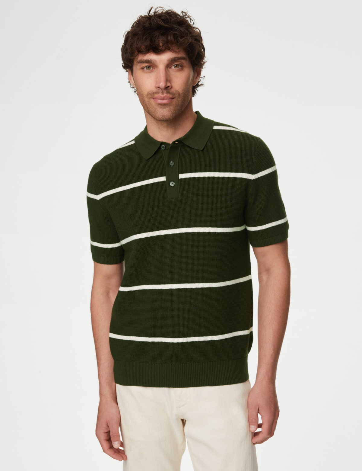 

Marks & Spencer Cotton Rich Striped Knitted Polo Shirt (MALE, KHAKI, L-REG)