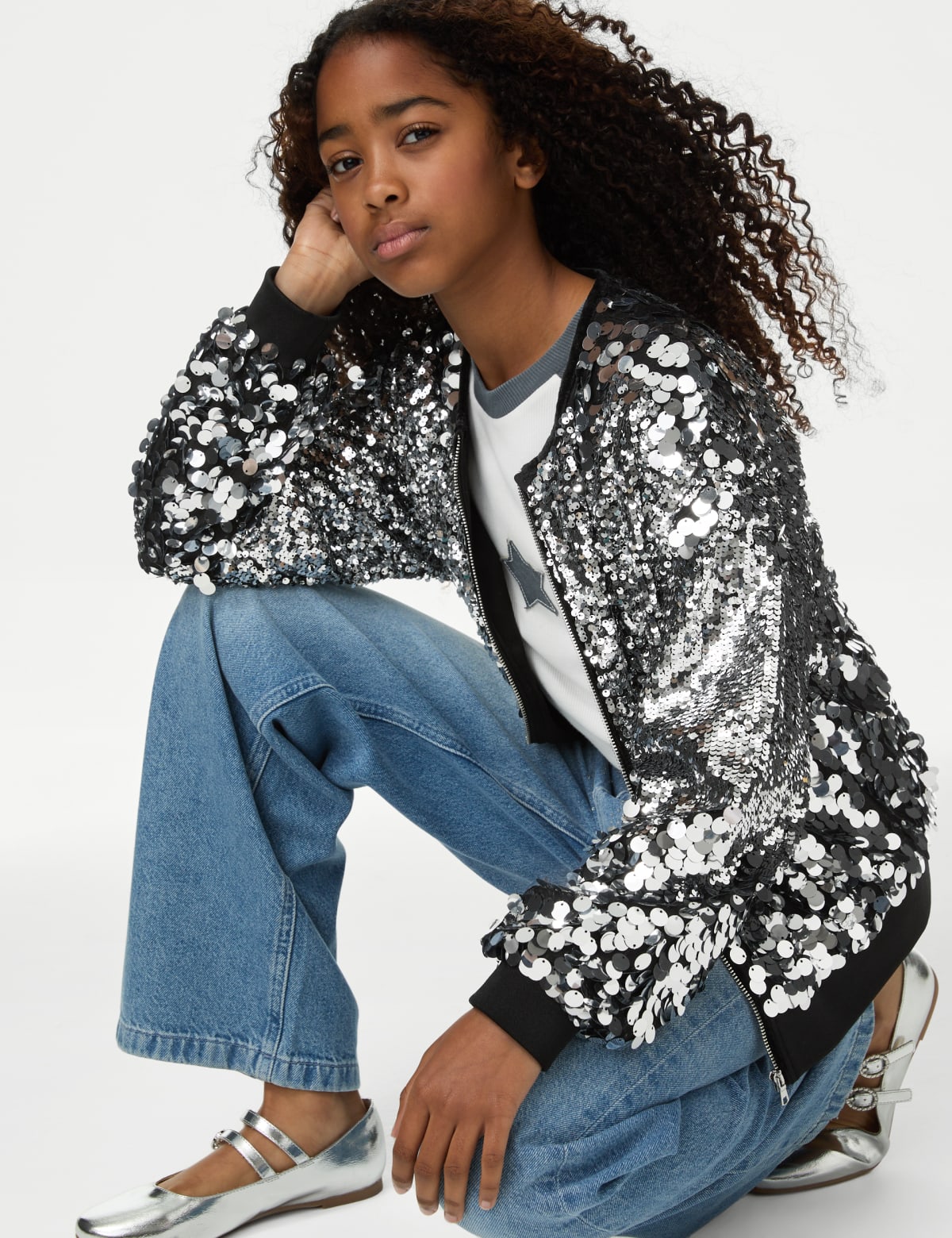 

Marks & Spencer Sequin Bomber (6-16 Yrs) (GIRLS, SILVER, 13-14)