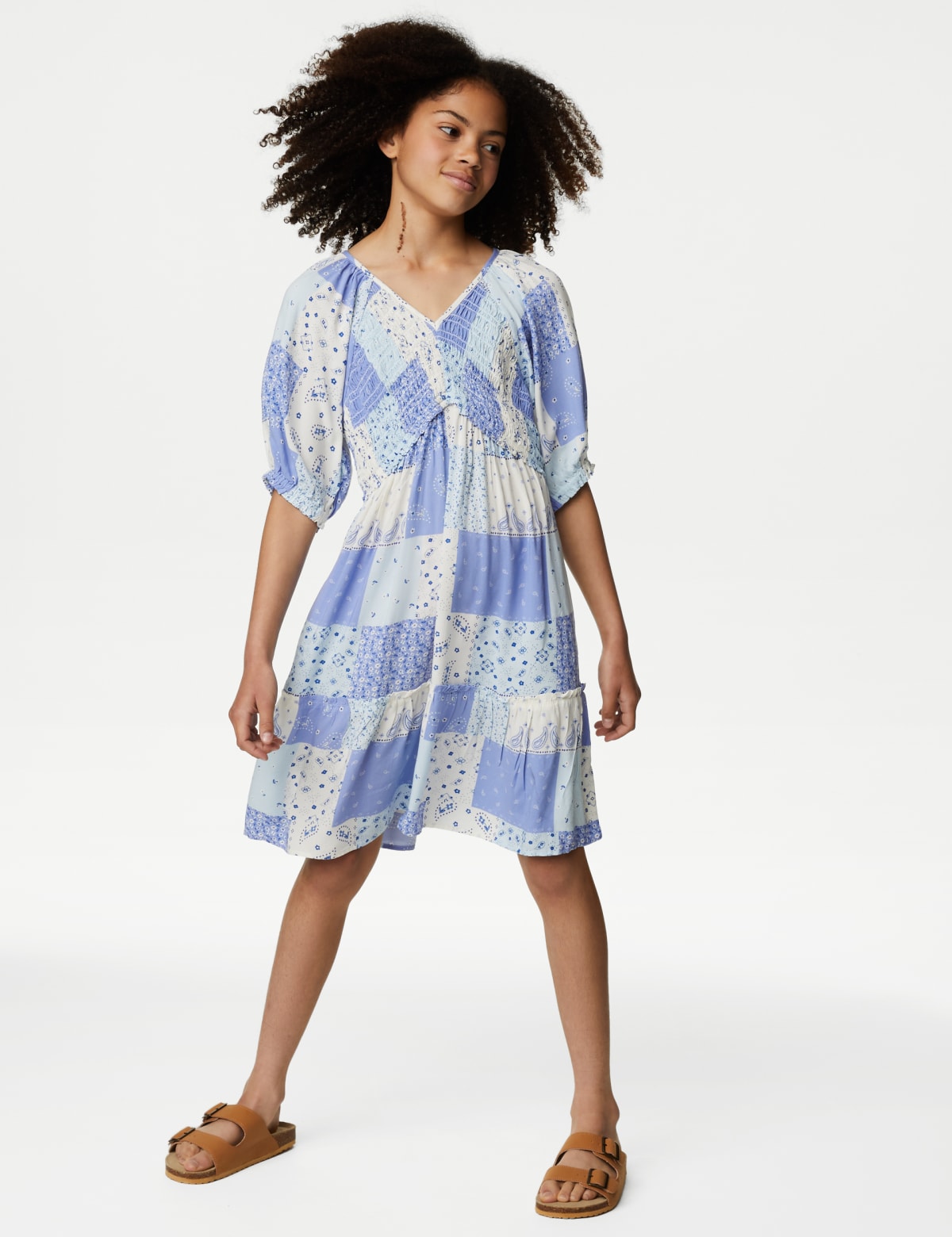 

Marks & Spencer Patchwork Print Shirred Tiered Dress (6-16 Yrs) (GIRLS, BLUE MIX, 13-14)