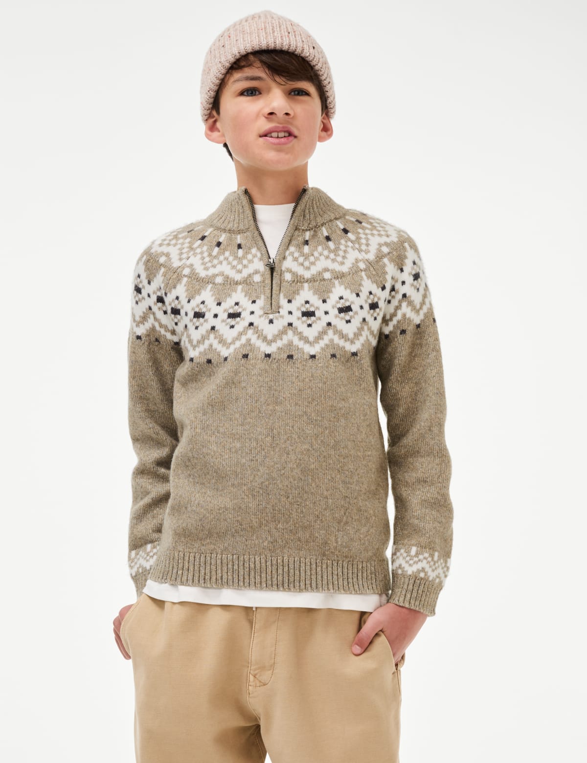 

Marks & Spencer Fair Isle Half Zip Christmas Jumper (6-16 Yrs) (BOYS, STONE, 7-8 Y)