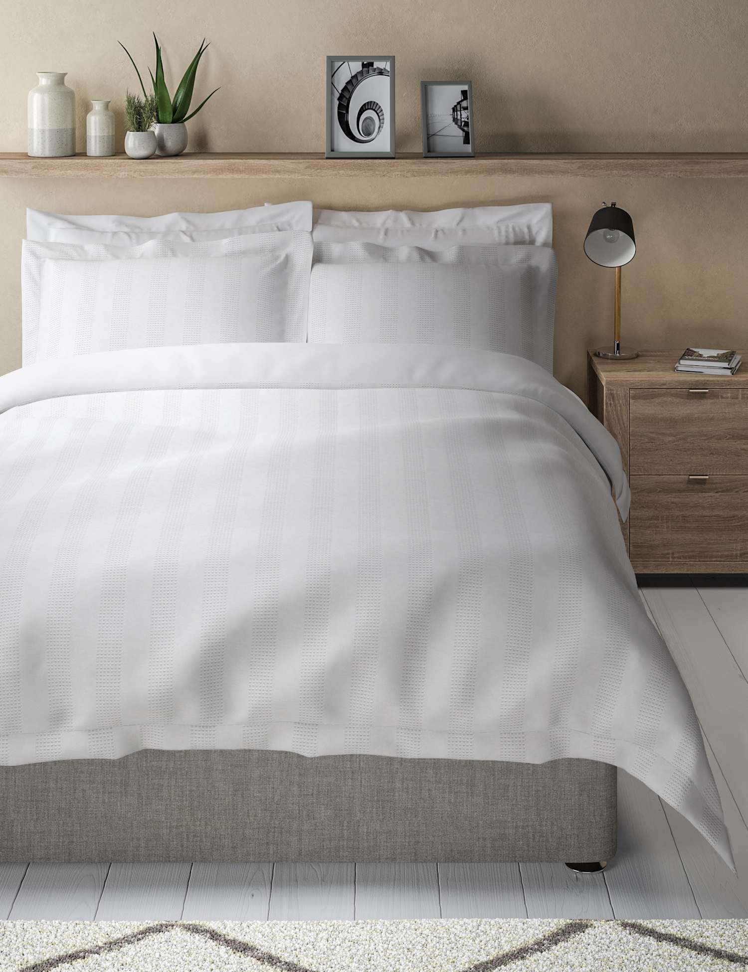 M&S Pure Cotton Striped Waffle Bedding Set White