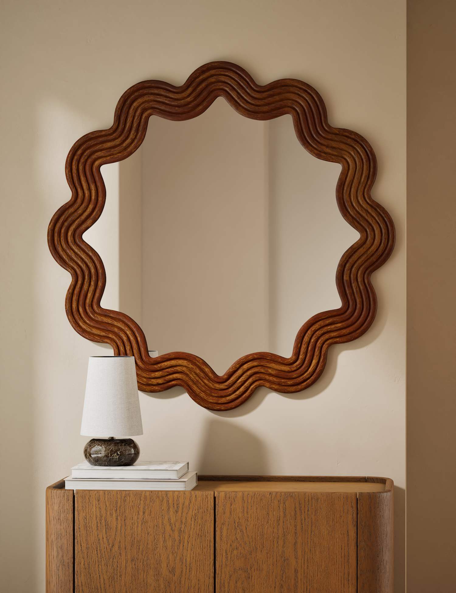 M&S Scallop Ribbed Wooden Wall Mirror Natural