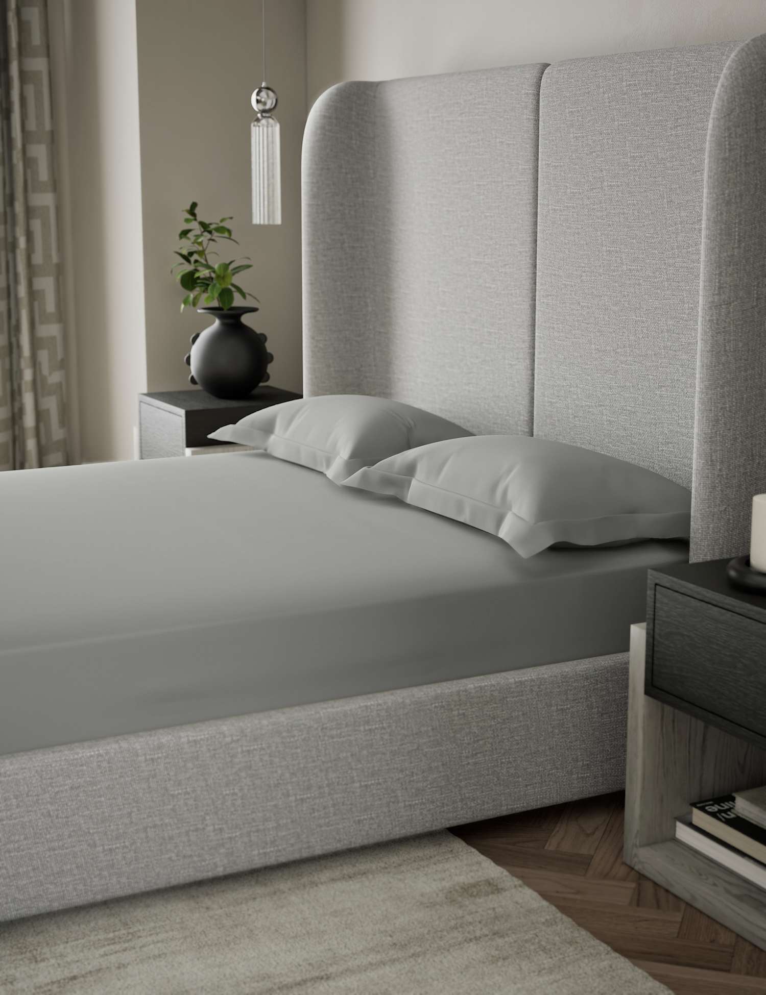 M&S X Kelly Hoppen 500TC Cotton Sateen Extra Deep Fitted Sheet Grey