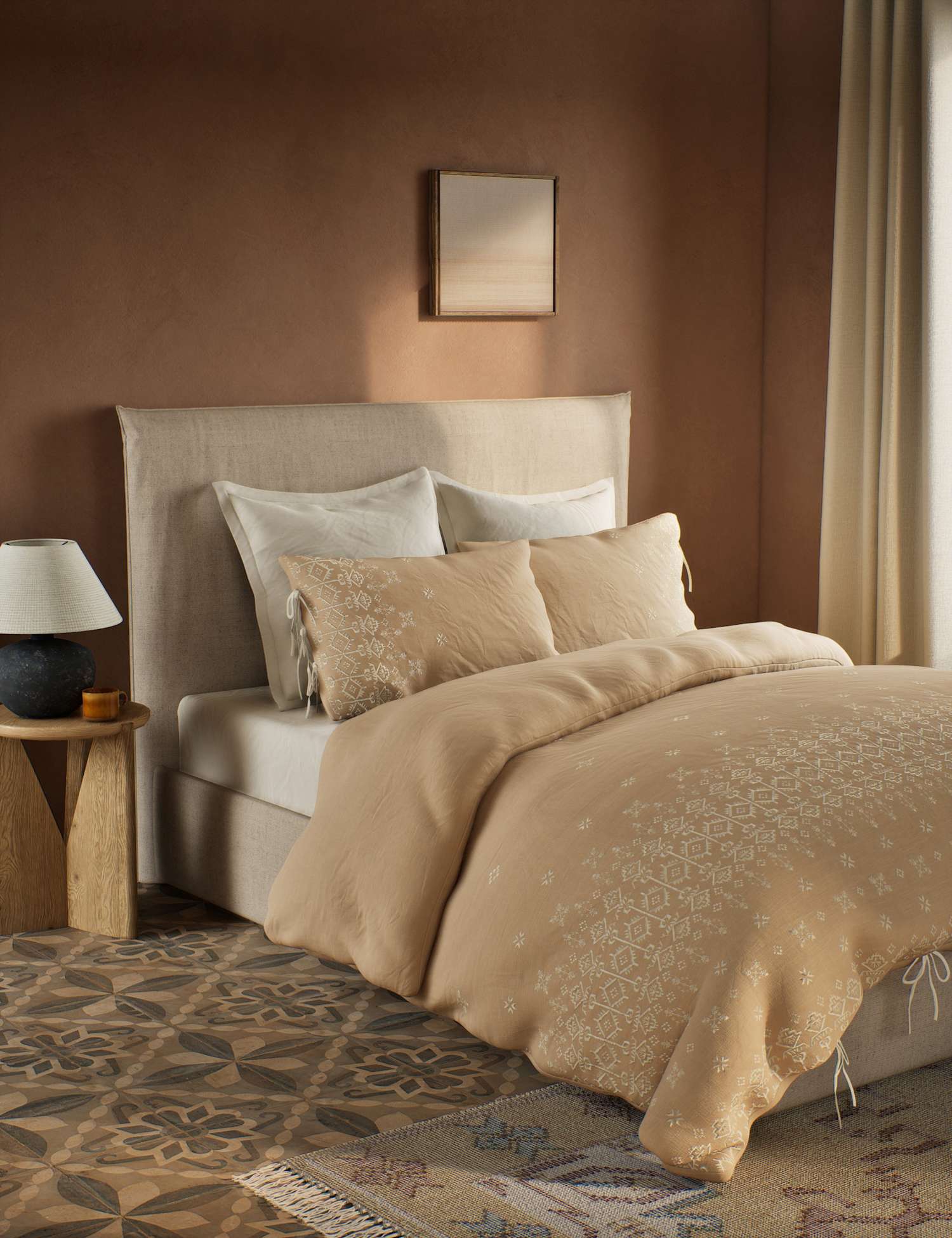 M&S X Fired Earth Sierra Pure Cotton Embroidered Bedding Set Camella