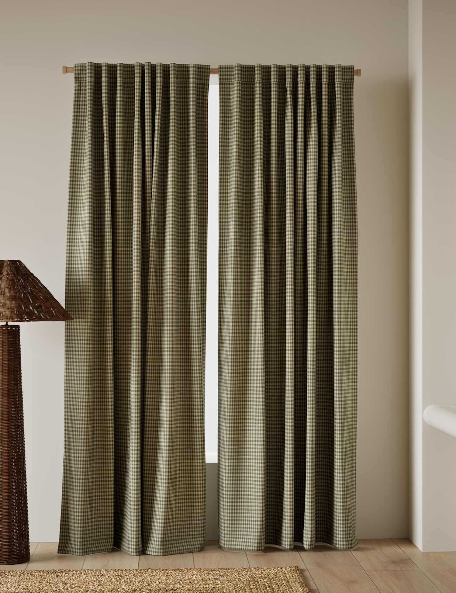 M&S Pure Cotton Gingham Semi-Sheer Multiway Curtains Olive