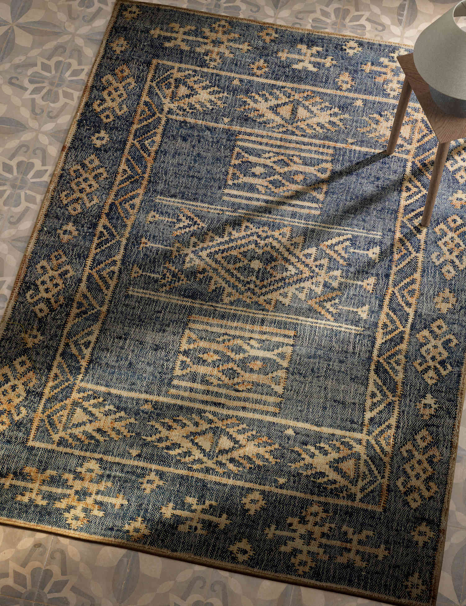 M&S X Fired Earth Jute Patterned Rug Blue Mix