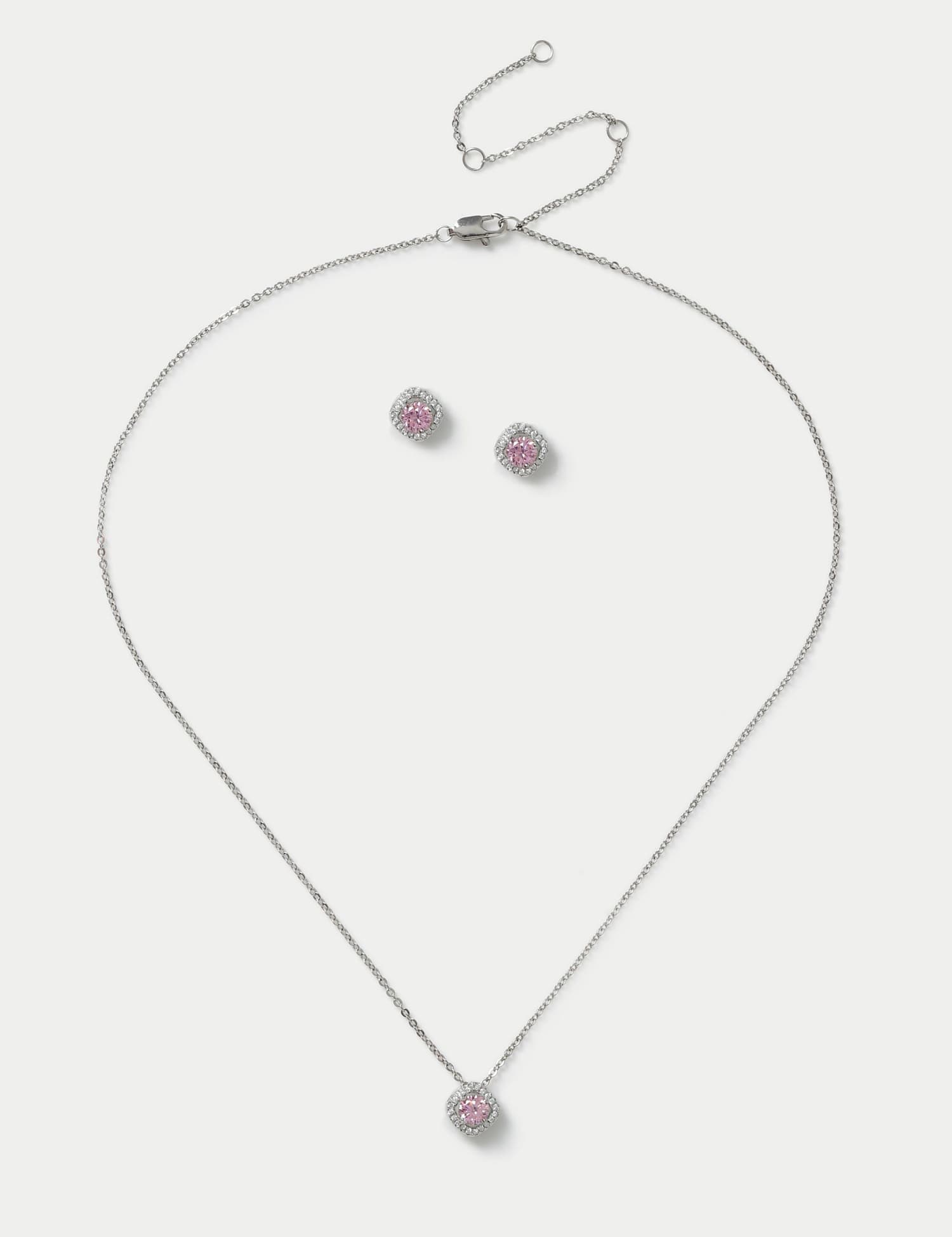 M&S Platinum Plated Birthstone Earring and Necklace Set Pink