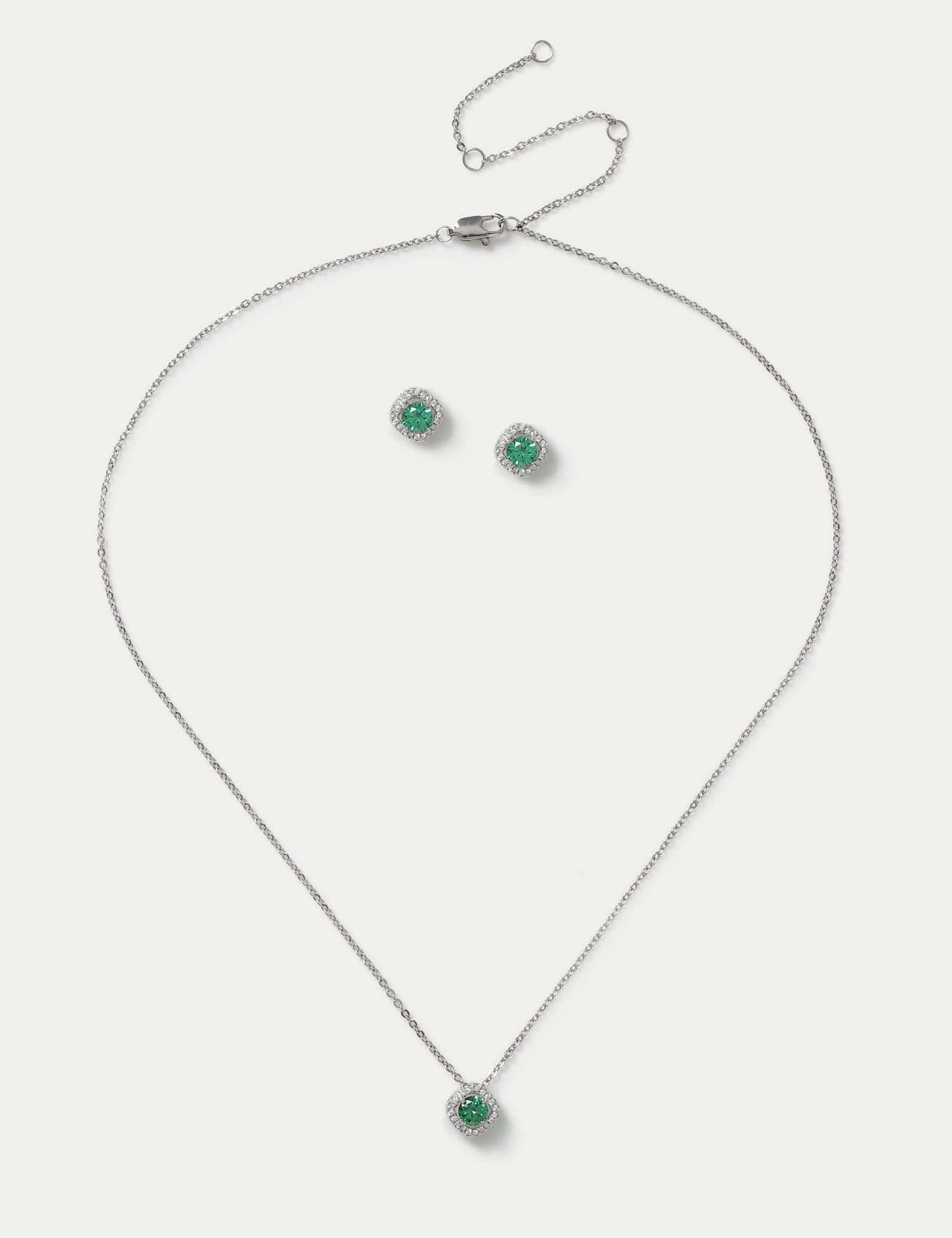 M&S Platinum Plated Birthstone Earring and Necklace Set Green