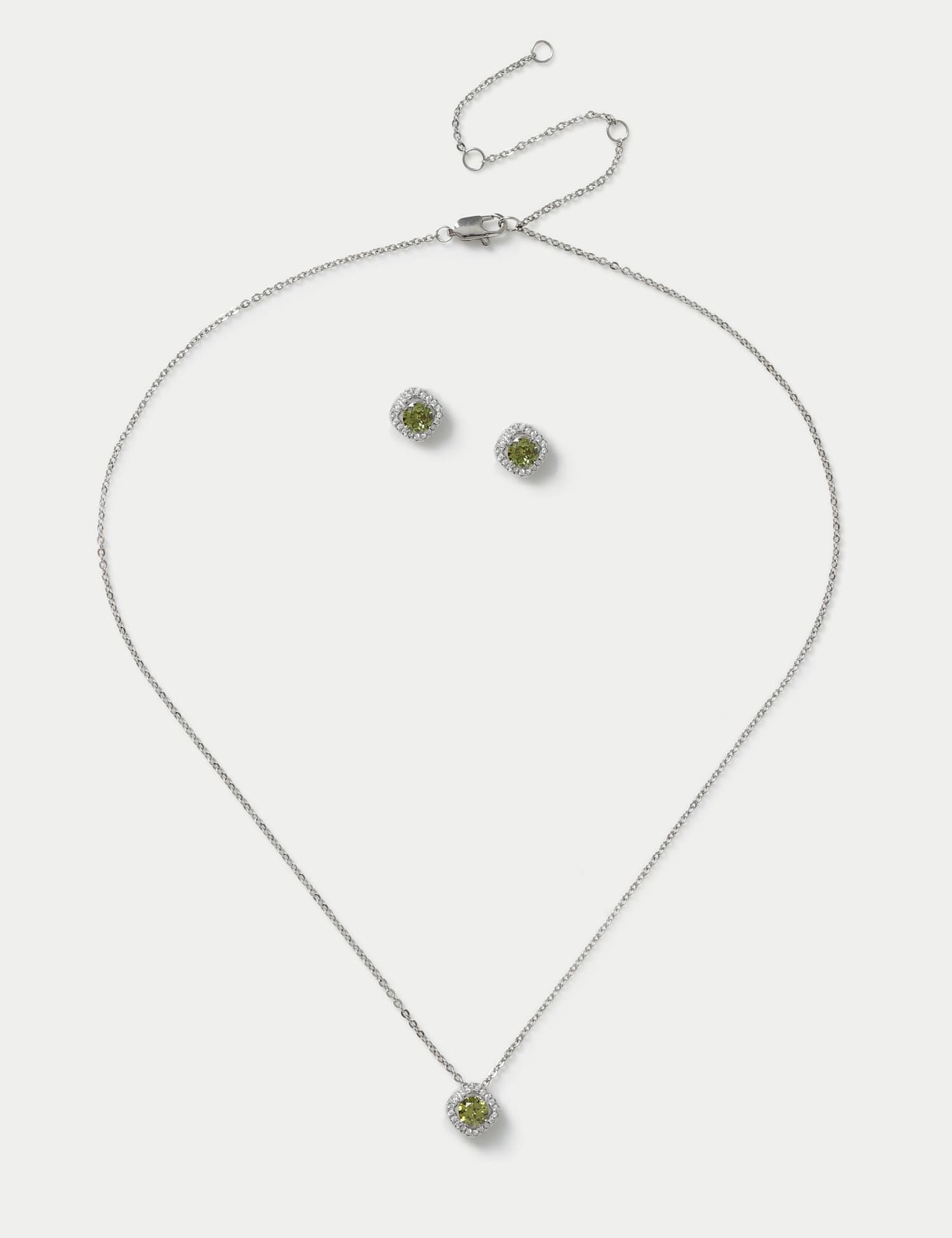M&S Platinum Plated Birthstone Earring and Necklace Set Light Green