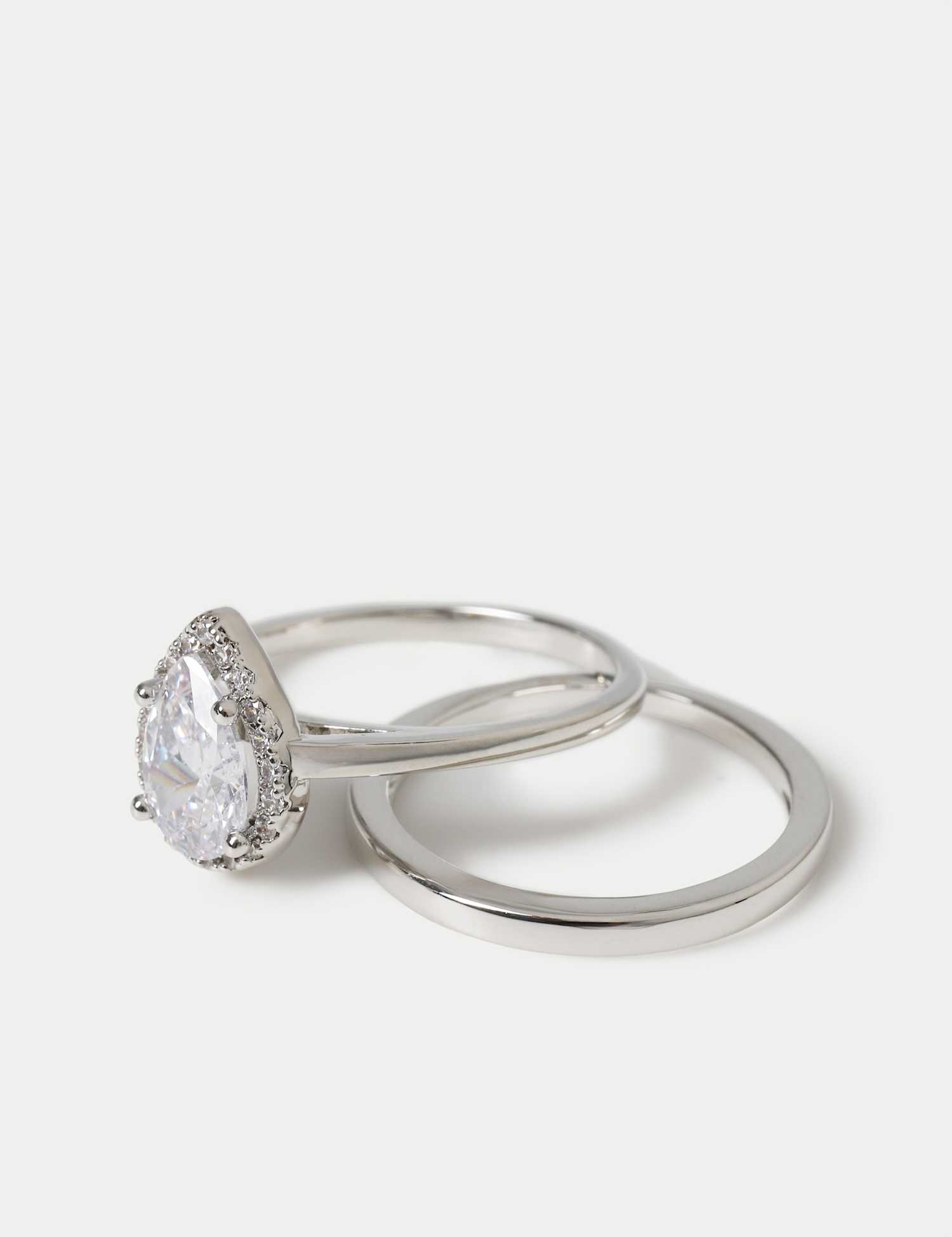 M&S Platinum Plated 2 Pack Pear Stone Ring Silver