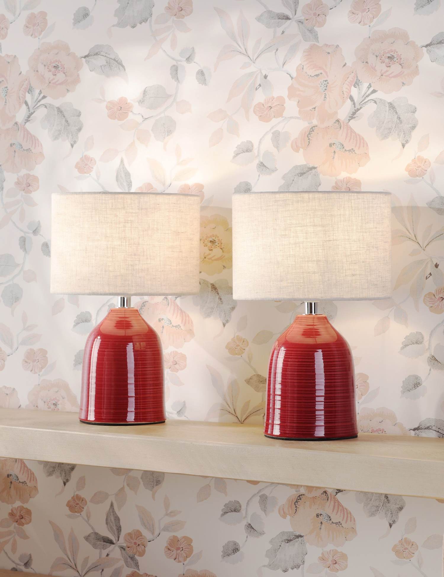 Laura Ashley Set of 2 Penny Ceramic Ribbed Table Lamps Red