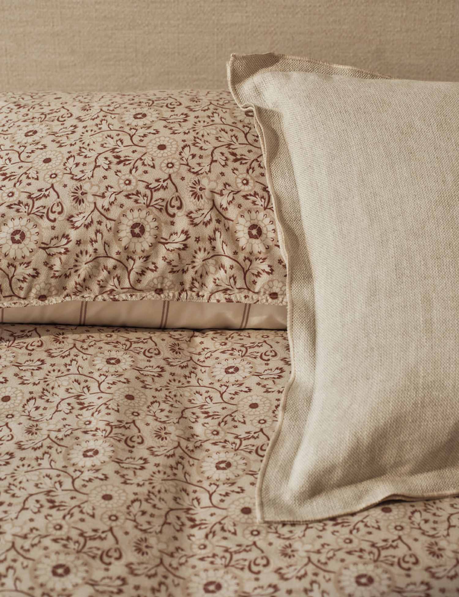 M&S Cotton Rich Woodblock Floral Bedding Set Biscuit