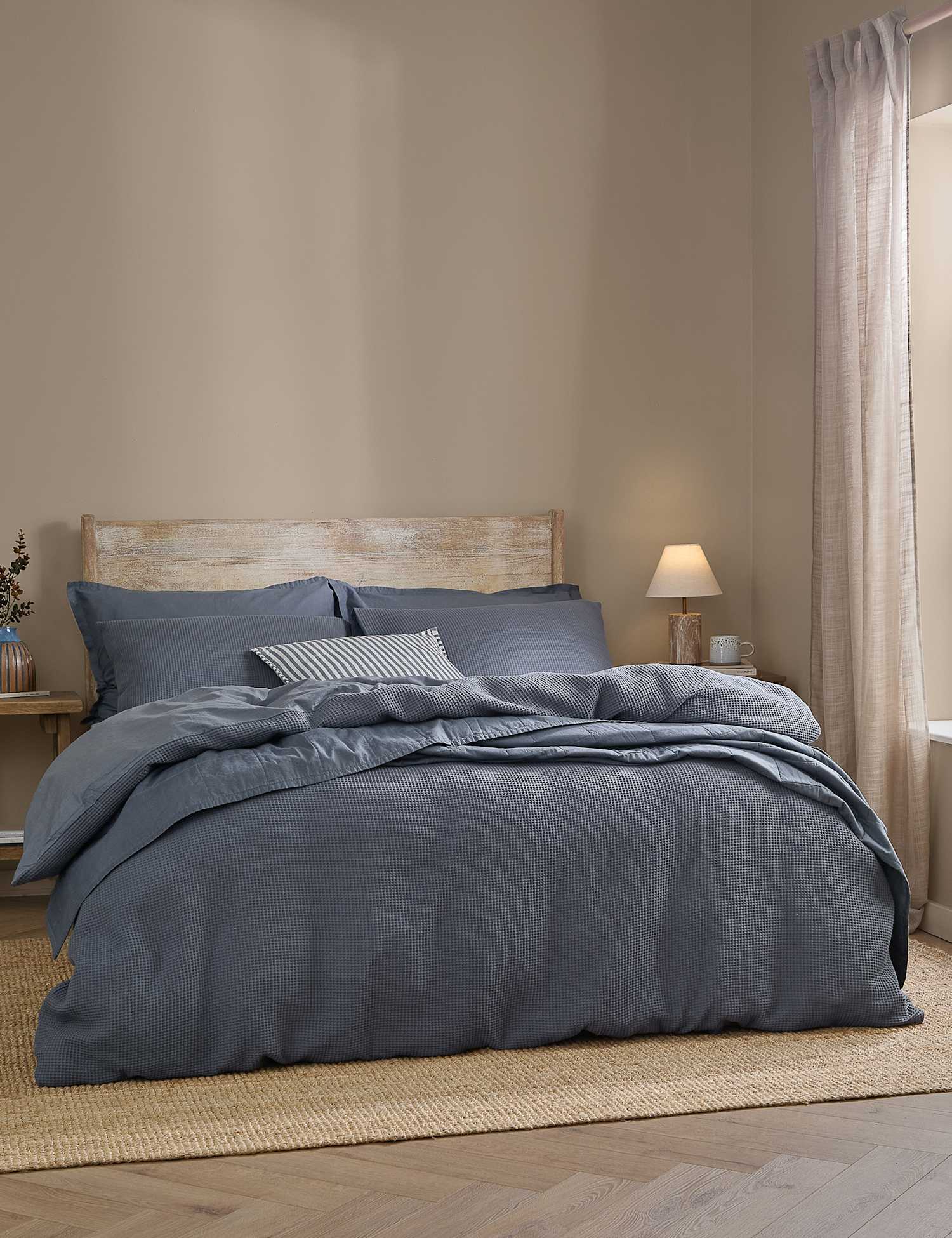 YARD Pure Cotton Percale Hebden Waffle Bedding Set Blue Denim