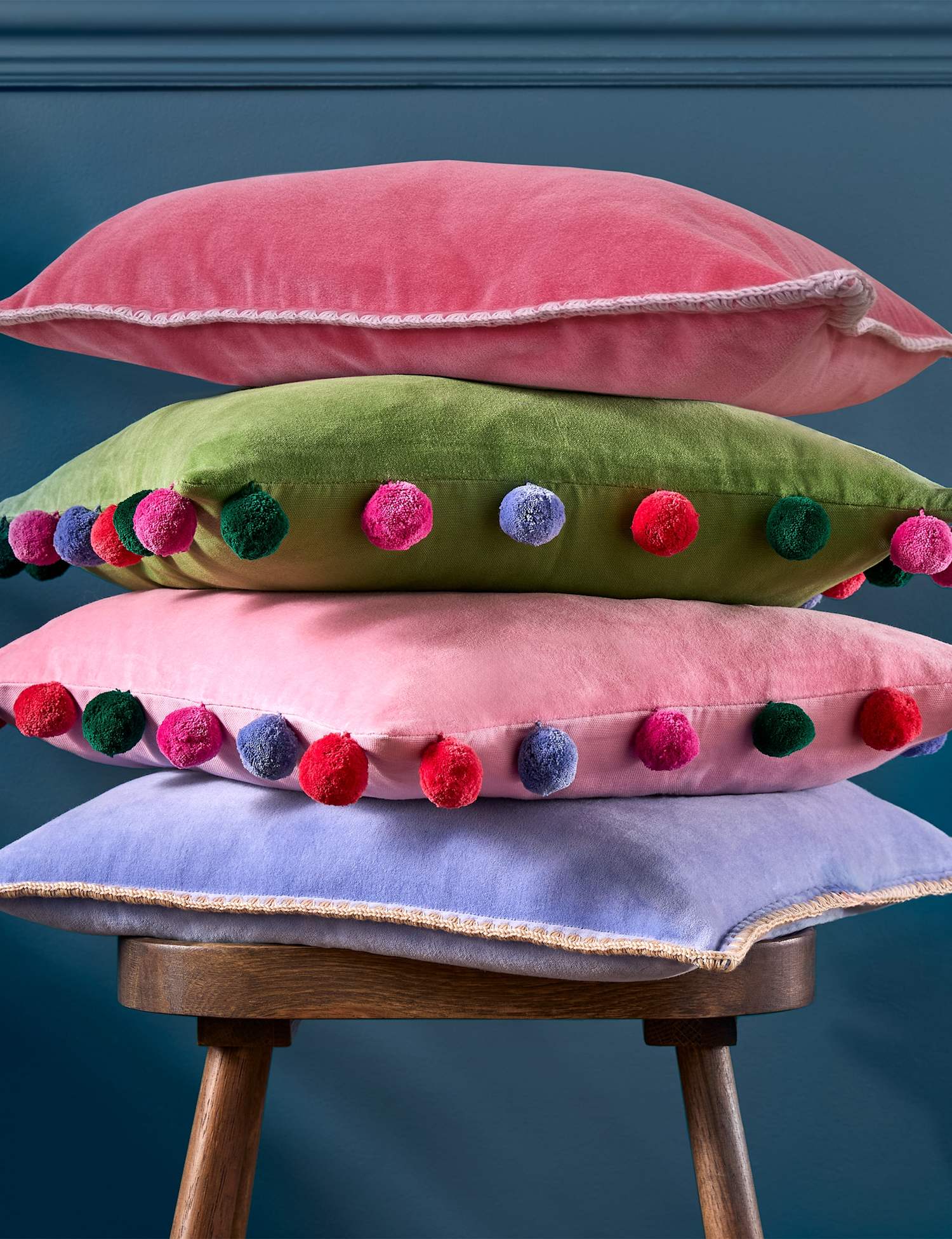 Bluebellgrey Pure Cotton Velvet Pom Pom Cushion Medium Green