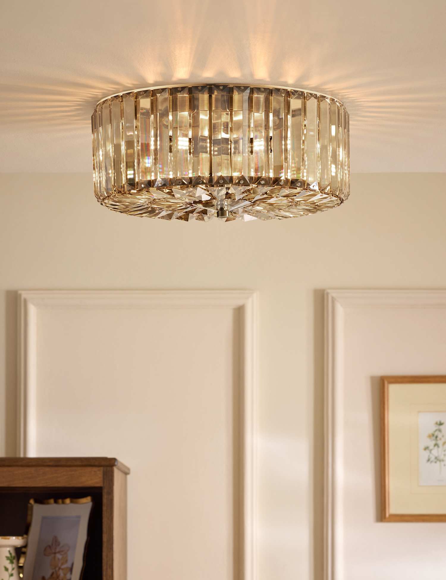 Laura Ashley Fernhurst Metal & Crystal Semi Flush Ceiling Light Antique Brass