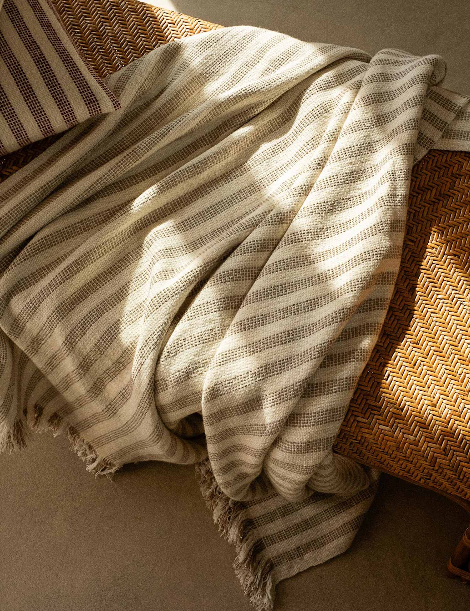 Piglet In Bed Pembroke Striped Cotton Rich Fringed Throw Natural Mix