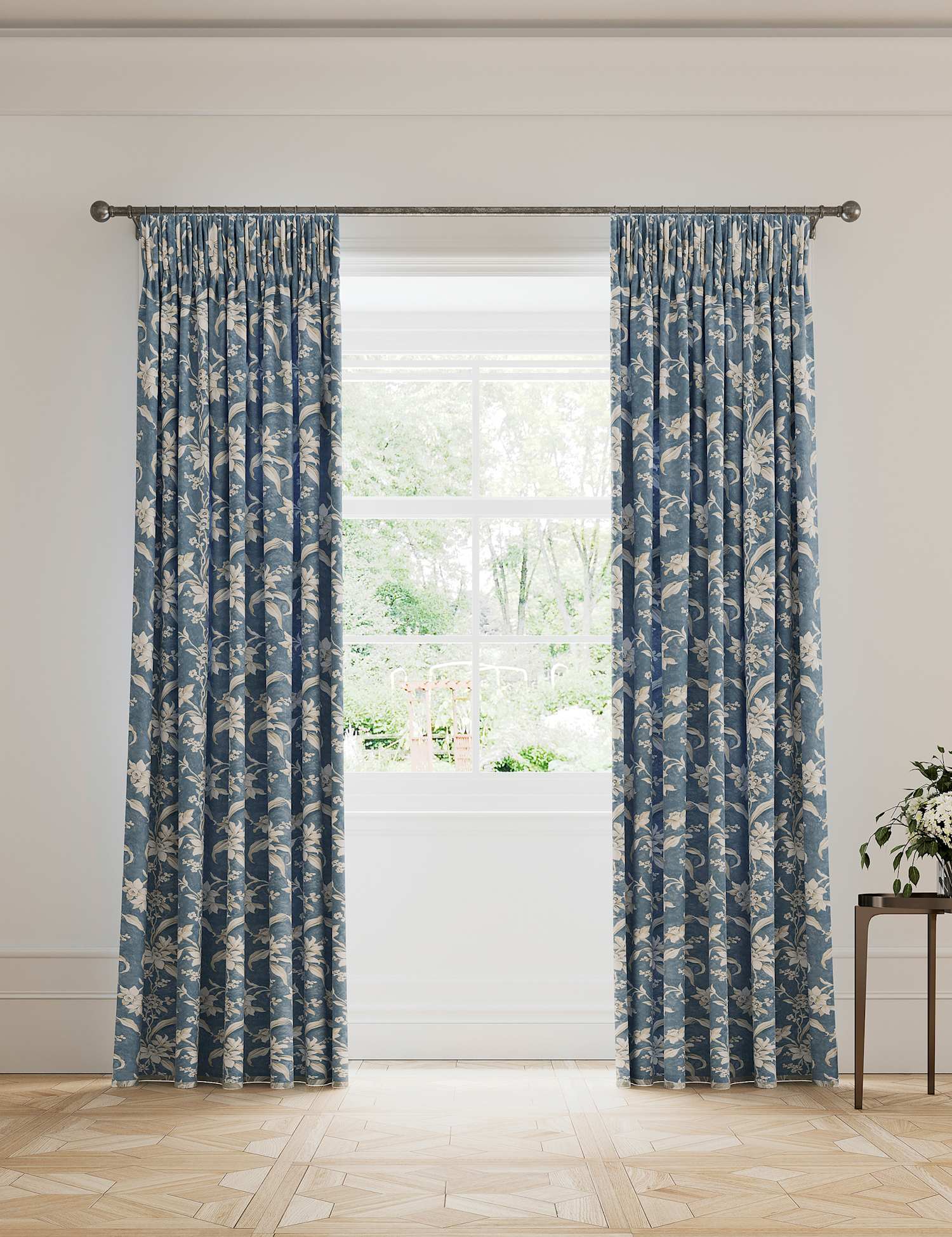 V&A Daffodil Pure Cotton Pencil Pleat Blackout Curtains Blue Mix
