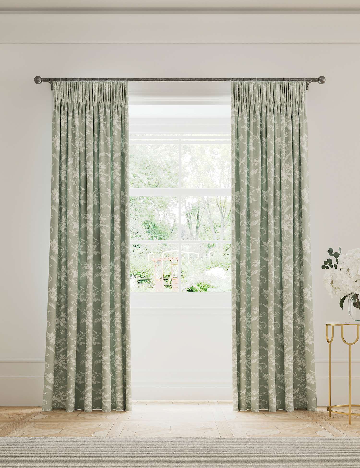 V&A Daffodil Pure Cotton Pencil Pleat Blackout Curtains Green Mix