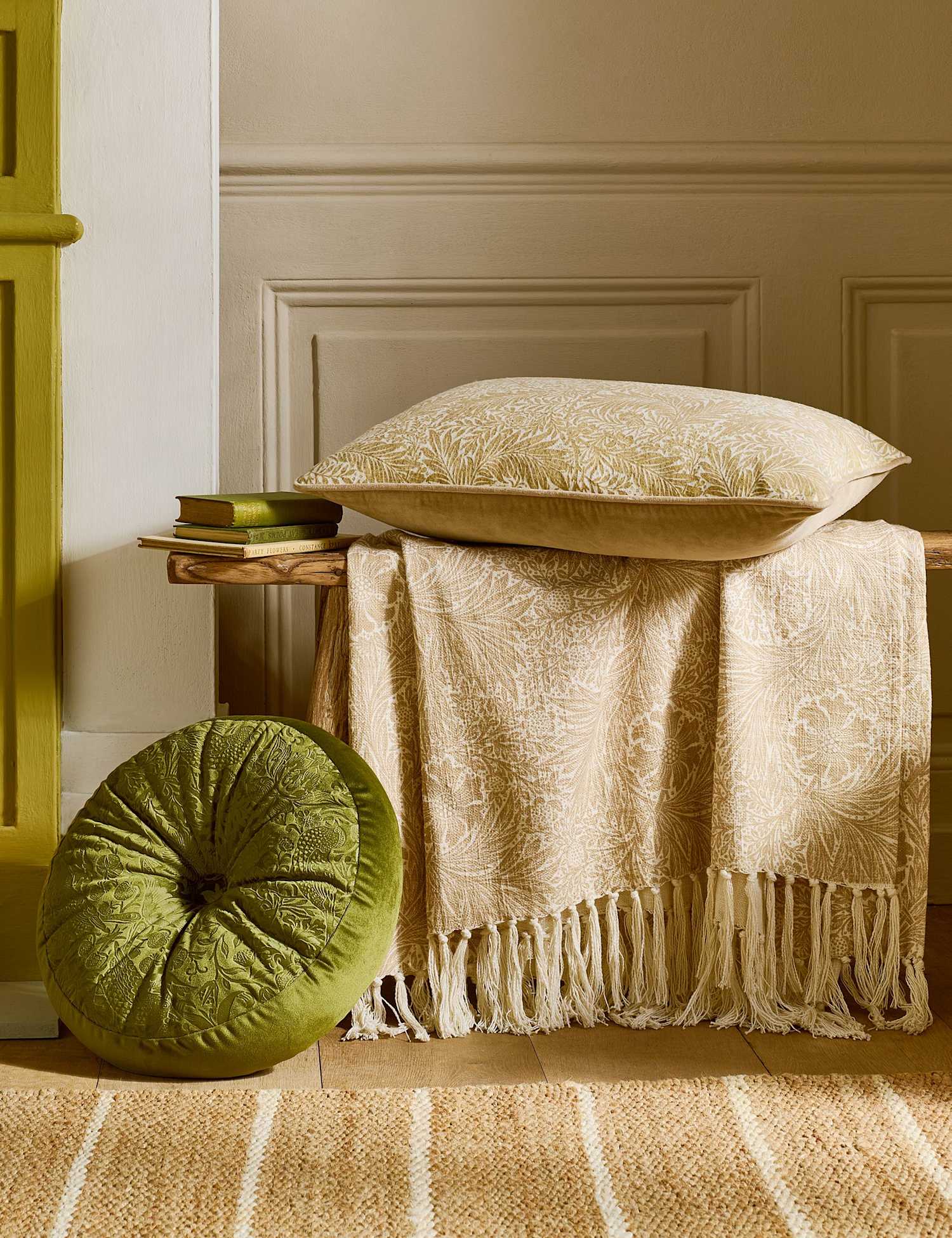 William Morris At Home Velvet Strawberry Thief Cushion Green