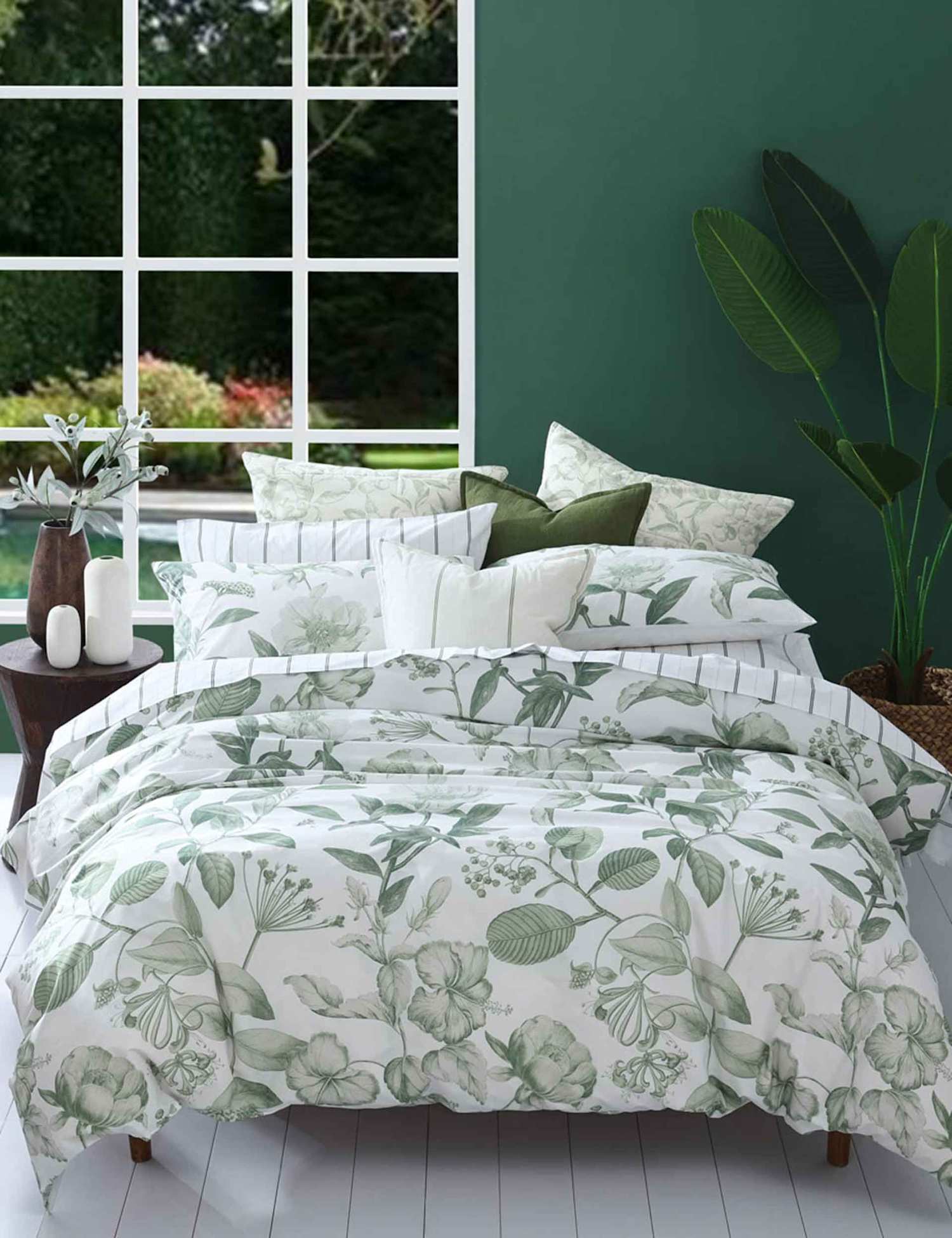 MM Linen Pure Cotton Botanical Leaf Bedding Set White Mix