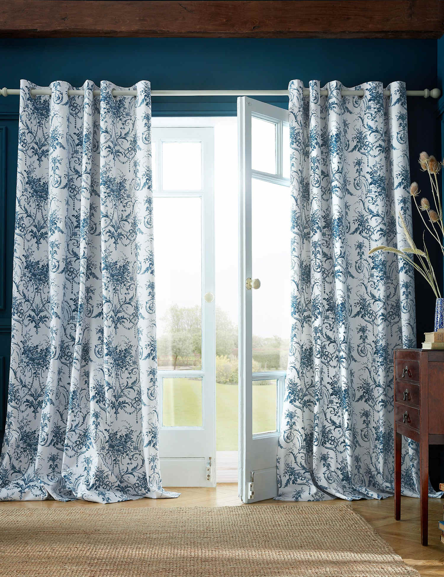 Laura Ashley Tuileries Pure Cotton Floral Eyelet Curtains Blue Mix